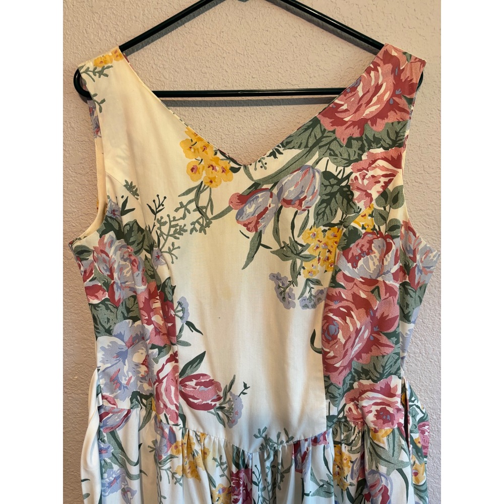 Sunshine Starshine Floral V-Neck Midi Dress Cream Pink Yellow Vintage Sz 14 - Picture 2 of 7